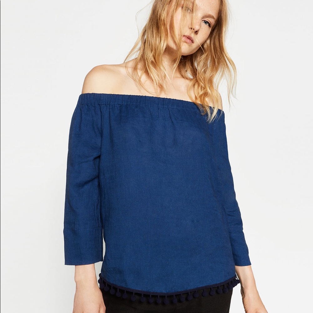 Zara Off Shoulder Linen Tassel Festival Top
